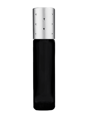 Cylinder design 9ml,1/3 oz black glass bottle with plastic roller ball plug and silver dot cap.