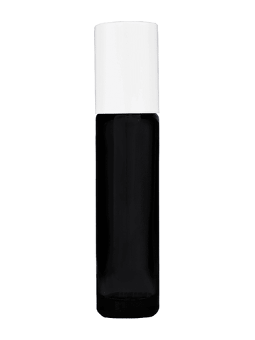 Cylinder design 9ml,1/3 oz black glass bottle with plastic roller ball plug and white cap.