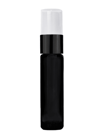 Cylinder design 9ml,1/3 oz black glass bottle with fine mist sprayer with black trim and plastic overcap.