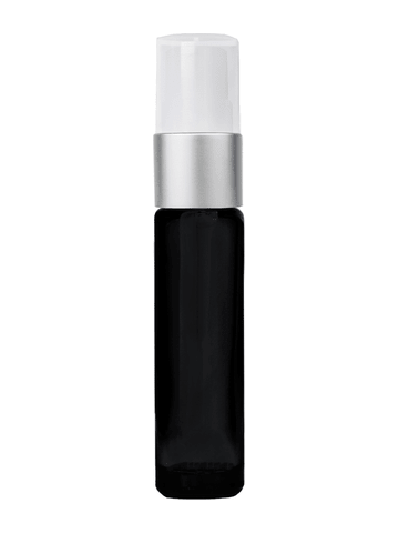 Cylinder design 9ml,1/3 oz black glass bottle with fine mist sprayer with matte silver trim and plastic overcap.