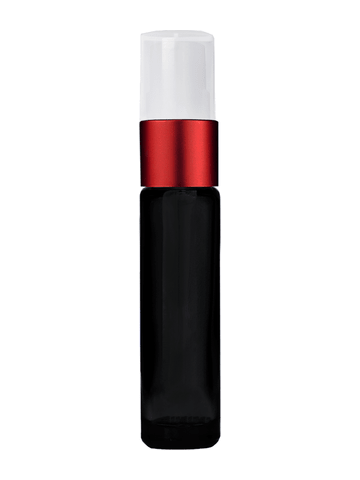 Cylinder design 9ml,1/3 oz black glass bottle with fine mist sprayer with red trim and plastic overcap.