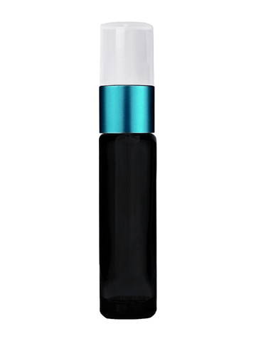Cylinder design 9ml,1/3 oz black glass bottle with fine mist sprayer with turquoise trim and plastic overcap.