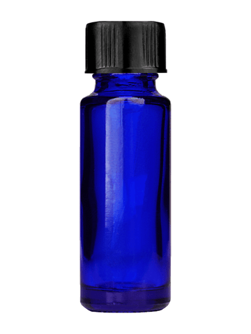 Cylinder design 5ml, 1/6oz Blue glass bottle with short black cap.