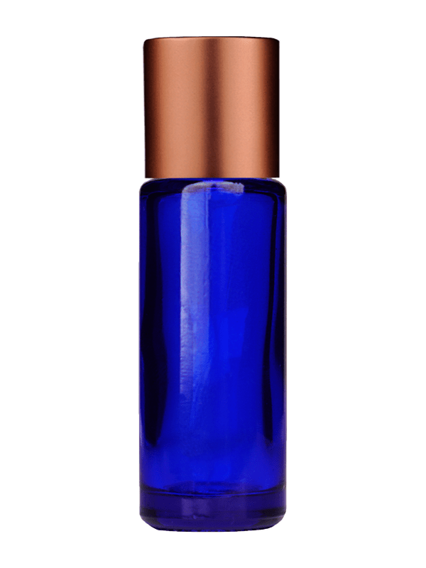 Empty Blue glass bottle with short matte copper cap capacity: 5ml, 1/6oz. For use with perfume or fragrance oil, essential oils, aromatic oils and aromatherapy.