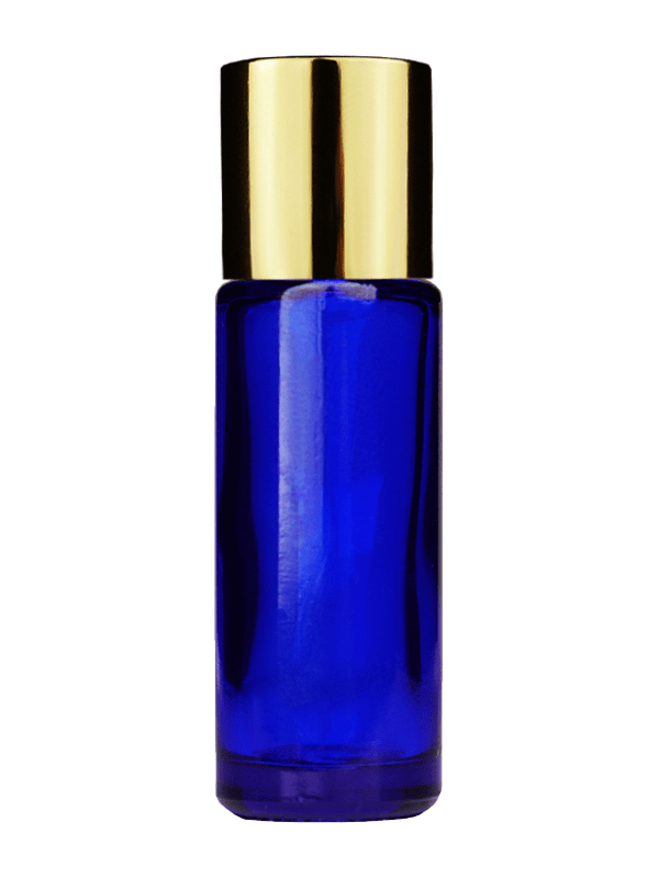 Empty Blue glass bottle with short shiny gold cap capacity: 5ml, 1/6oz. For use with perfume or fragrance oil, essential oils, aromatic oils and aromatherapy.
