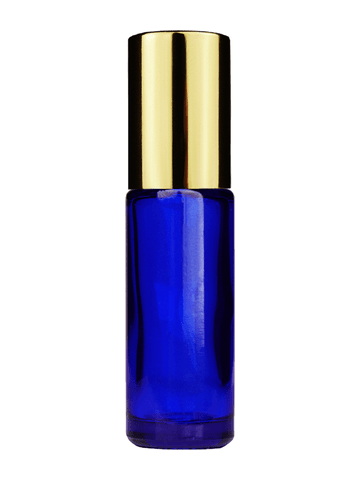 Cylinder design 5ml, 1/6oz Blue glass bottle with metal roller ball plug and shiny gold cap.