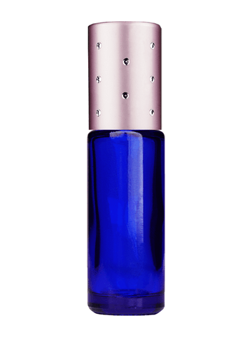 Cylinder design 5ml, 1/6oz Blue glass bottle with metal roller ball plug and pink cap with dots.