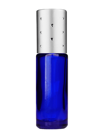 Cylinder design 5ml, 1/6oz Blue glass bottle with metal roller ball plug and silver cap with dots.