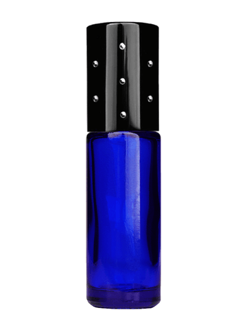Cylinder design 5ml, 1/6oz Blue glass bottle with plastic roller ball plug and black shiny cap with dots.