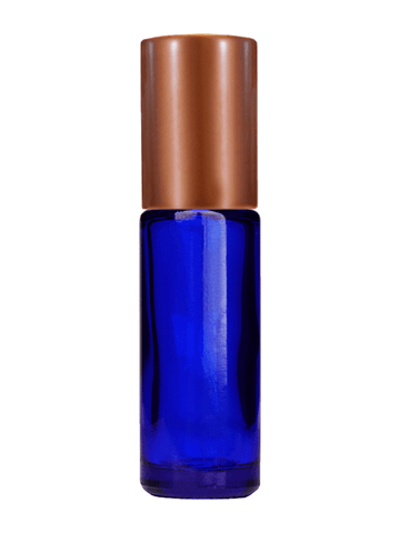 Cylinder design 5ml, 1/6oz Blue glass bottle with plastic roller ball plug and matte copper cap.
