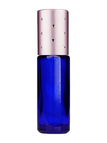 Cylinder design 5ml, 1/6oz Blue glass bottle with plastic roller ball plug and pink cap with dots.