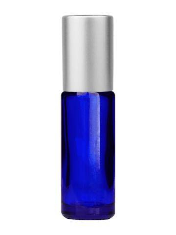 Cylinder design 5ml, 1/6oz Blue glass bottle with plastic roller ball plug and matte silver cap.