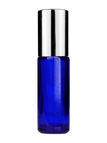 Cylinder design 5ml, 1/6oz Blue glass bottle with plastic roller ball plug and shiny silver cap.