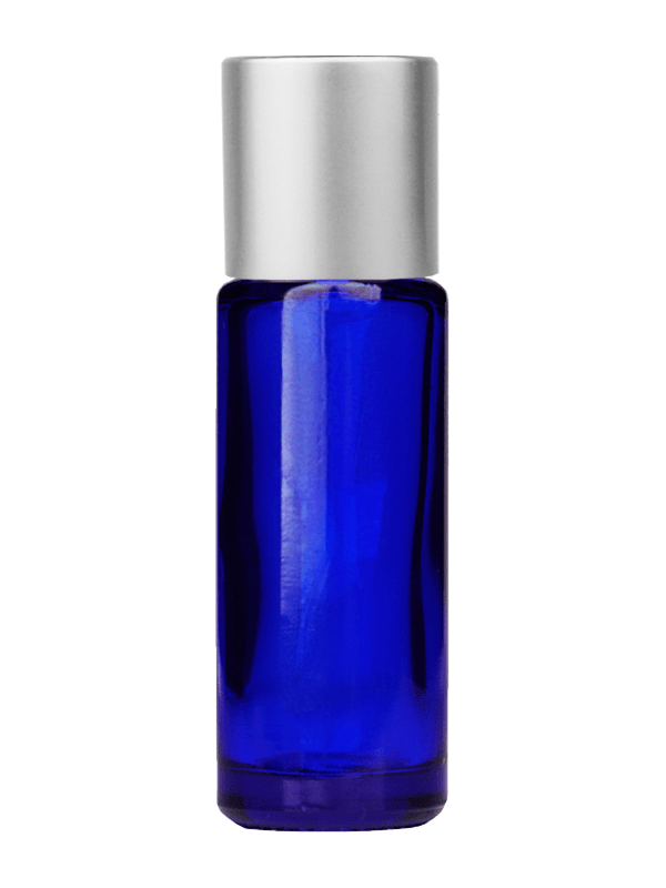 Empty Blue glass bottle with short matte silver cap capacity: 5ml, 1/6oz. For use with perfume or fragrance oil, essential oils, aromatic oils and aromatherapy.