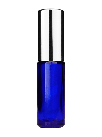 Cylinder design 5ml, 1/6oz Blue glass bottle with shiny silver spray.