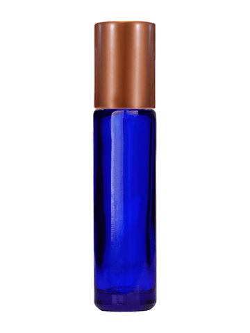 Cylinder design 9ml,1/3 oz Cobalt blue glass bottle with metal roller ball plug and matte copper cap.