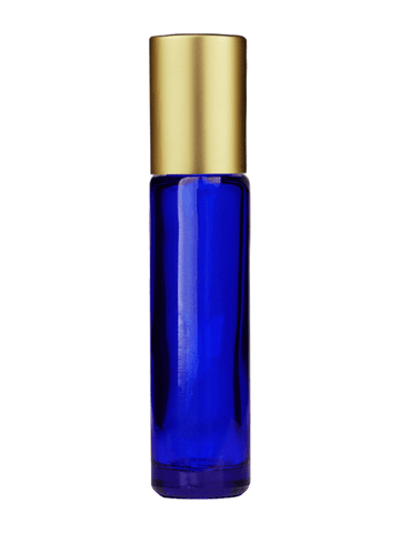 Cylinder design 9ml,1/3 oz Cobalt blue glass bottle with metal roller ball plug and matte gold cap.