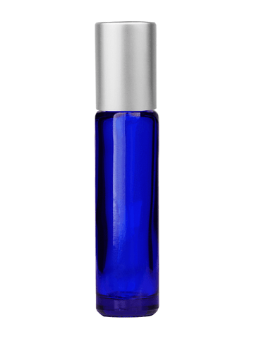 Cylinder design 9ml,1/3 oz Cobalt blue glass bottle with metal roller ball plug and matte silver cap.