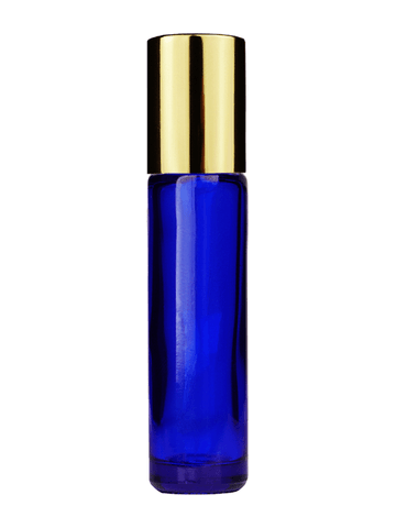 Cylinder design 9ml,1/3 oz Cobalt blue glass bottle with metal roller ball plug and shiny gold cap.