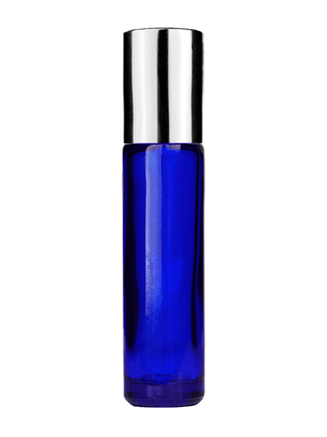 Cylinder design 9ml,1/3 oz Cobalt blue glass bottle with metal roller ball plug and shiny silver cap.