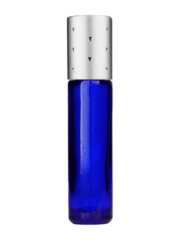 Cylinder design 9ml,1/3 oz Cobalt blue glass bottle with metal roller ball plug and silver dot cap.
