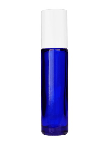 Cylinder design 9ml,1/3 oz Cobalt blue glass bottle with metal roller ball plug and white cap.
