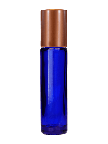 Cylinder design 9ml,1/3 oz Cobalt blue glass bottle with plastic roller ball plug and matte copper cap.