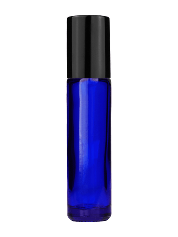 Cylinder design 9ml,1/3 oz Cobalt blue glass bottle with plastic roller ball plug and shiny black cap.