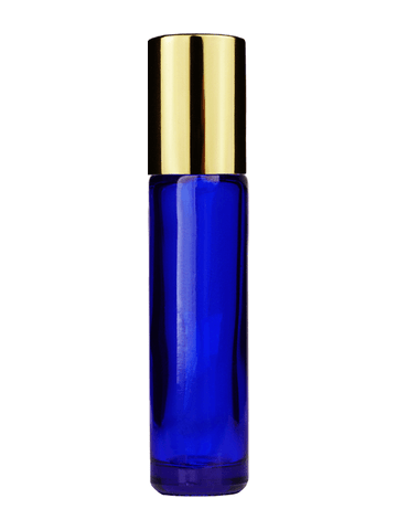 Cylinder design 9ml,1/3 oz Cobalt blue glass bottle with plastic roller ball plug and shiny gold cap.