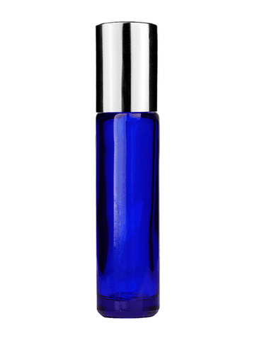 Cylinder design 9ml,1/3 oz Cobalt blue glass bottle with plastic roller ball plug and shiny silver cap.