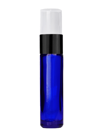 cylinder design 9ml, blue glass bottle with sprayer and shiny black trim.
