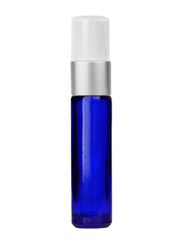 Cylinder design 9ml,1/3 oz Cobalt blue glass bottle with fine mist sprayer with matte silver trim and plastic overcap.