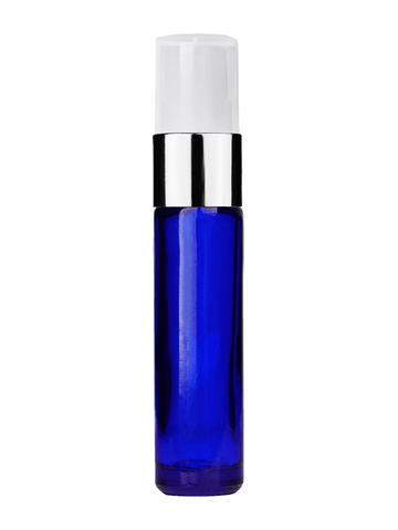 Cylinder design 9ml,1/3 oz Cobalt blue glass bottle with fine mist sprayer with shiny silver trim and plastic overcap.