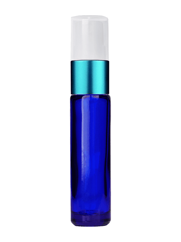 Cylinder design 9ml,1/3 oz Cobalt blue glass bottle with fine mist sprayer with turquoise trim and plastic overcap.