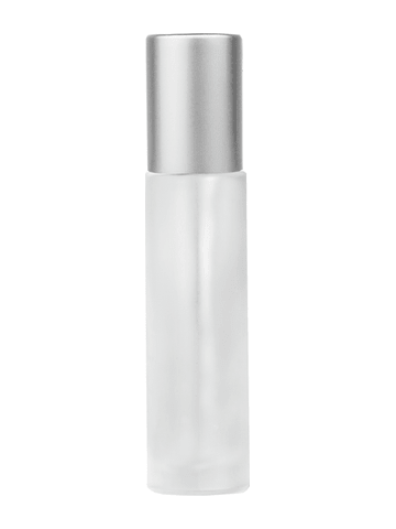 Cylinder design 9ml,1/3 oz frosted glass bottle with metal roller ball plug and matte silver cap.
