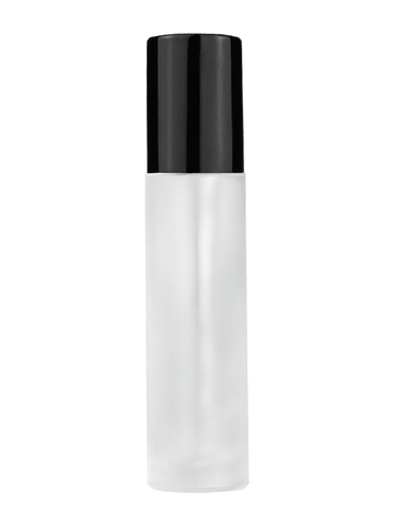 Cylinder design 9ml,1/3 oz frosted glass bottle with metal roller ball plug and shiny black cap.