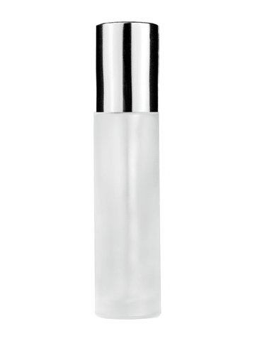 Cylinder design 9ml,1/3 oz frosted glass bottle with metal roller ball plug and shiny silver cap.