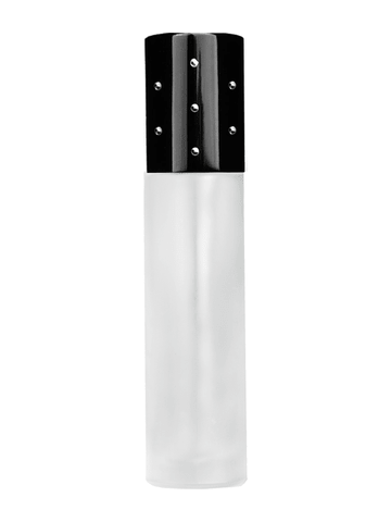 Cylinder design 9ml,1/3 oz frosted glass bottle with plastic roller ball plug and black dot cap.