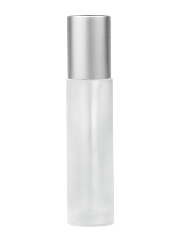Cylinder design 9ml,1/3 oz frosted glass bottle with plastic roller ball plug and matte silver cap.