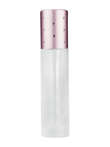 Cylinder design 9ml,1/3 oz frosted glass bottle with plastic roller ball plug and pink dot cap.