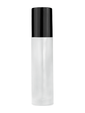 Cylinder design 9ml,1/3 oz frosted glass bottle with plastic roller ball plug and shiny black cap.
