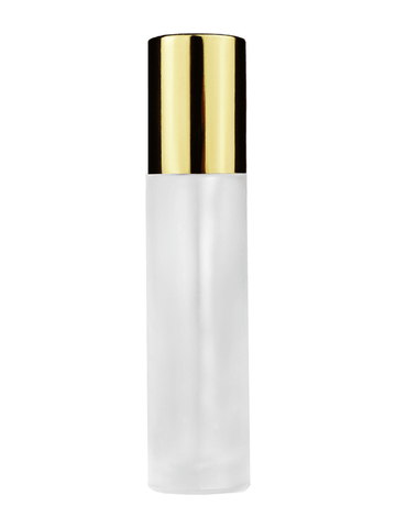 Cylinder design 9ml,1/3 oz frosted glass bottle with plastic roller ball plug and shiny gold cap.