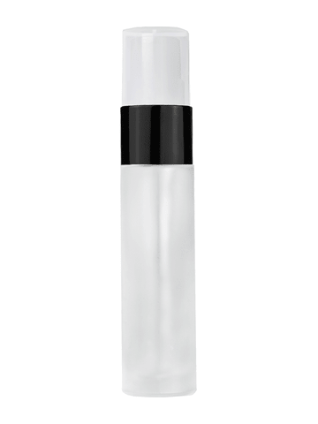 Cylinder design 9ml,1/3 oz frosted glass bottle with fine mist sprayer with black trim and plastic overcap.