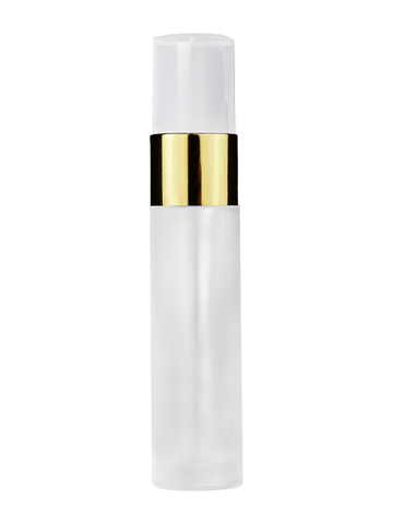 Cylinder design 9ml,1/3 oz frosted glass bottle with fine mist sprayer with gold trim and plastic overcap.