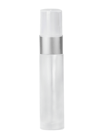 Cylinder design 9ml,1/3 oz frosted glass bottle with fine mist sprayer with matte silver trim and plastic overcap.