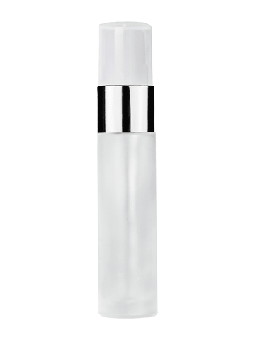 Cylinder design 9ml,1/3 oz frosted glass bottle with fine mist sprayer with shiny silver trim and plastic overcap.