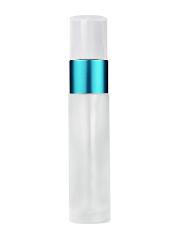 Cylinder design 9ml,1/3 oz frosted glass bottle with fine mist sprayer with turquoise trim and plastic overcap.