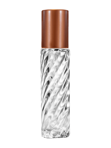 Cylinder swirl design 9ml,1/3 oz glass bottle with metal roller ball plug and matte copper cap.