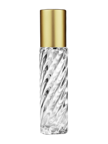Cylinder swirl design 9ml,1/3 oz glass bottle with metal roller ball plug and matte gold cap.