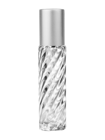 Cylinder swirl design 9ml,1/3 oz glass bottle with metal roller ball plug and matte silver cap.